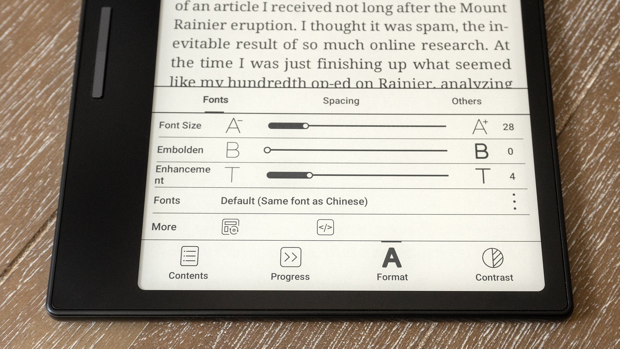 The extensive customizability of the Onyx Boox Leaf 2 can sometimes be overwhelming, including how the text in ebooks and documents is displayed. (Photo: Andrew Liszewski | Gizmodo)
