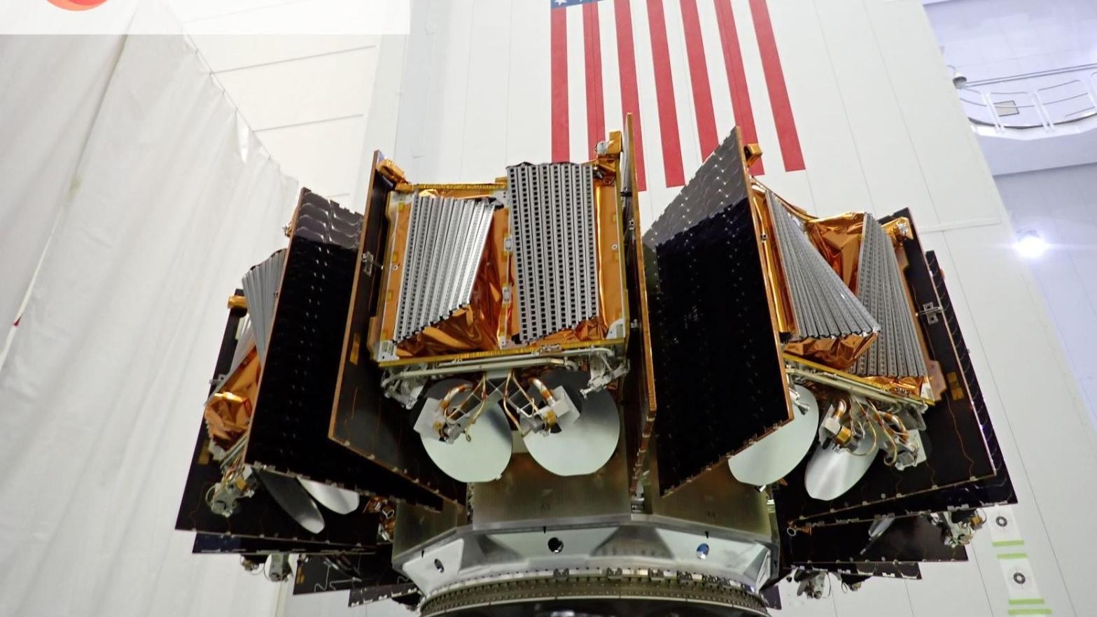 The OneWeb satellites attached to the dispenser ahead of their launch to low Earth orbit. (Photo: OneWeb)
