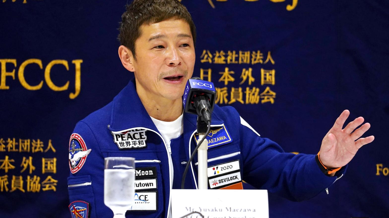 Japanese billionaire Yusaku Maezawa speaking at a press conference on January 7, 2022.  (Photo: Eugene Hoshiko, AP)