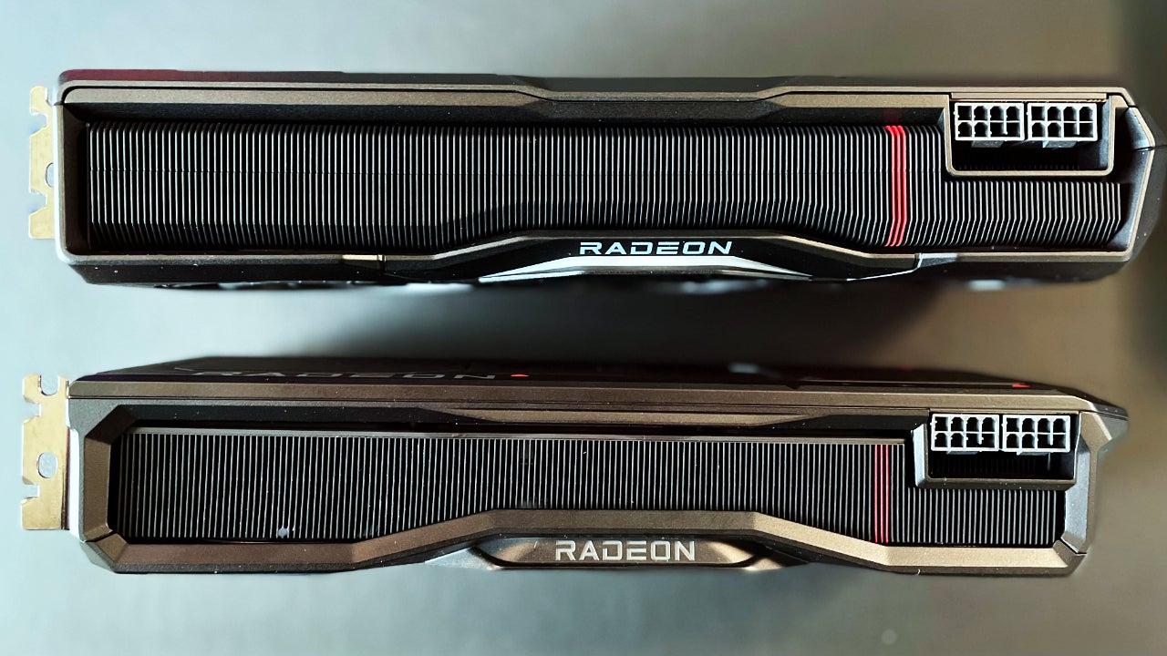 AMD Radeon RX 7900 XTX (top) and RX 7900 XT (bottom) (Photo: Damien Gula / Gizmodo)