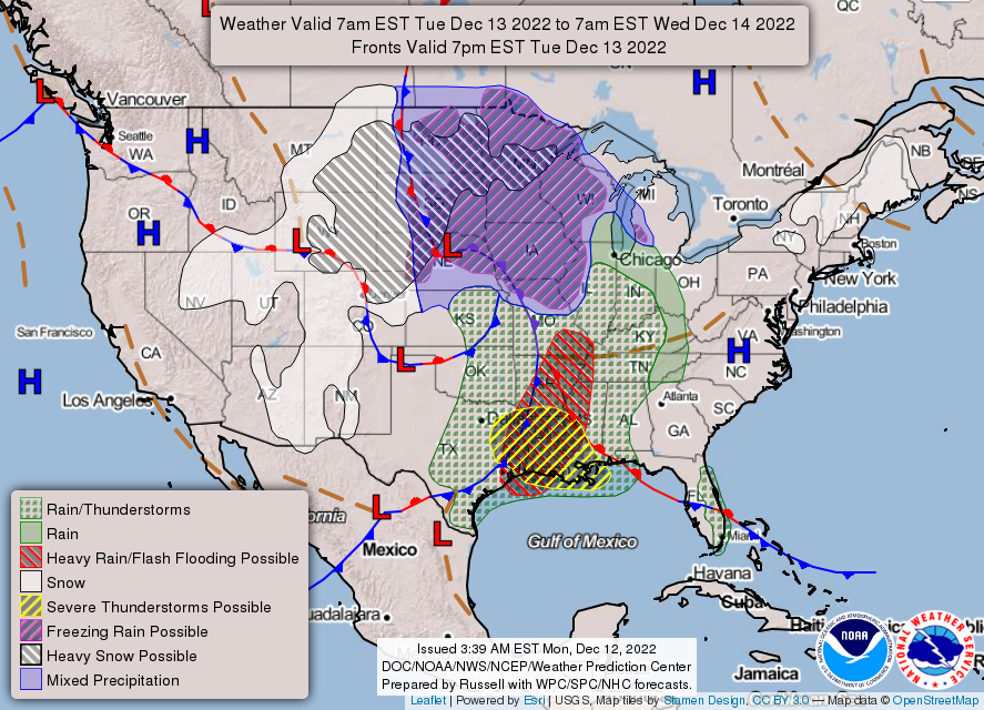 The National Weather Service predicted blizzard conditions in the northern Great Plains and Upper Midwest, with severe storms in the southeastern U.S. (Graphic: DOC/NOAA/NWS/NCEP/Weather Prediction Centre)