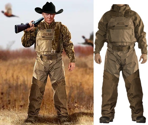 This image of a fake Trump in a hunting outfit seems to be an edited image of one company's duck hunting gear. (Image: NFT INT LLC/Banded/Gizmodo)