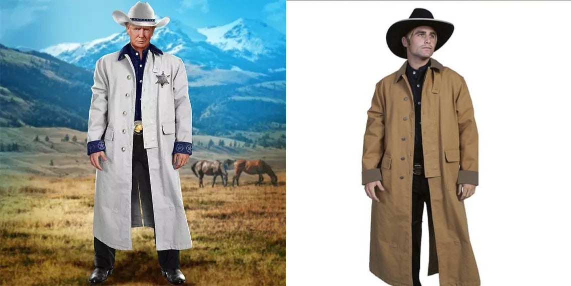 The left image bears an obvious resemblance to this small California shop's duster. (Image: NFT INT LLC/Scully Leather/Gizmodo)