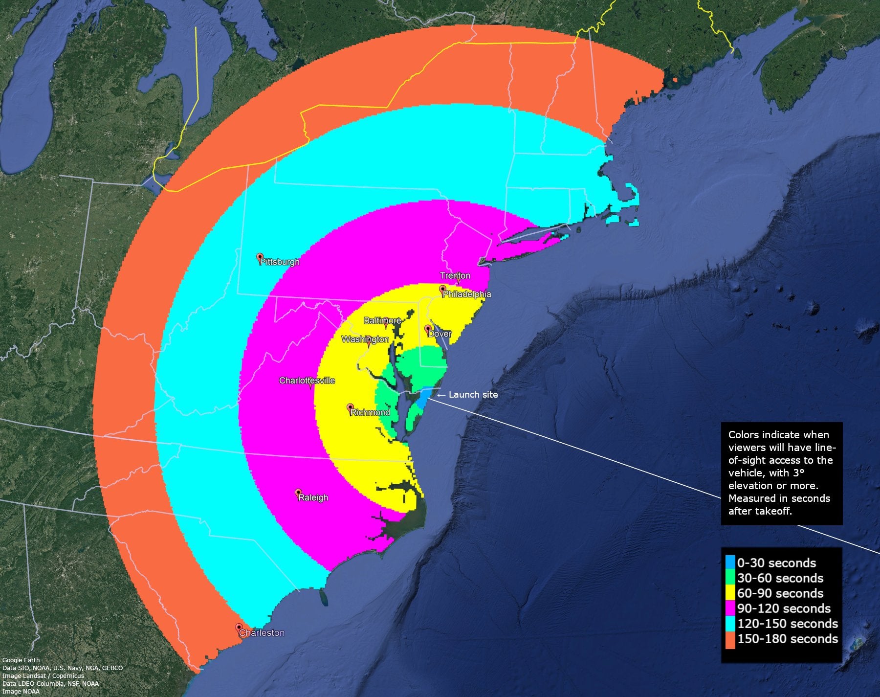 Weather permitting, the launch should be visible along a swath of the U.S. east coast. (Graphic: NASA)