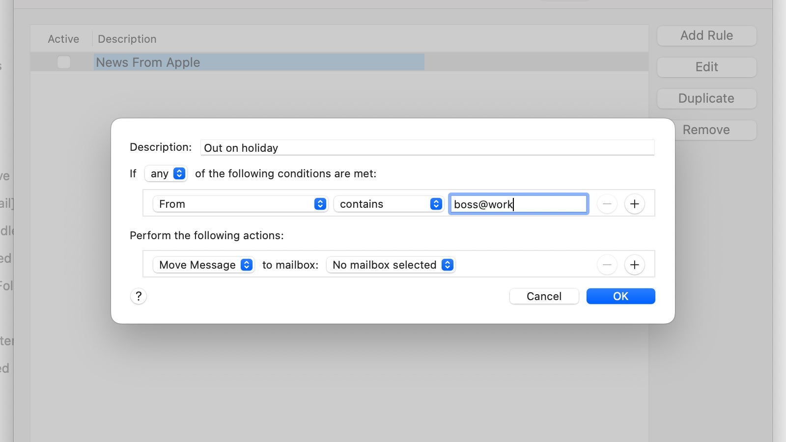 Filters and rules can manage your email while you're away. (Screenshot: Apple Mail)
