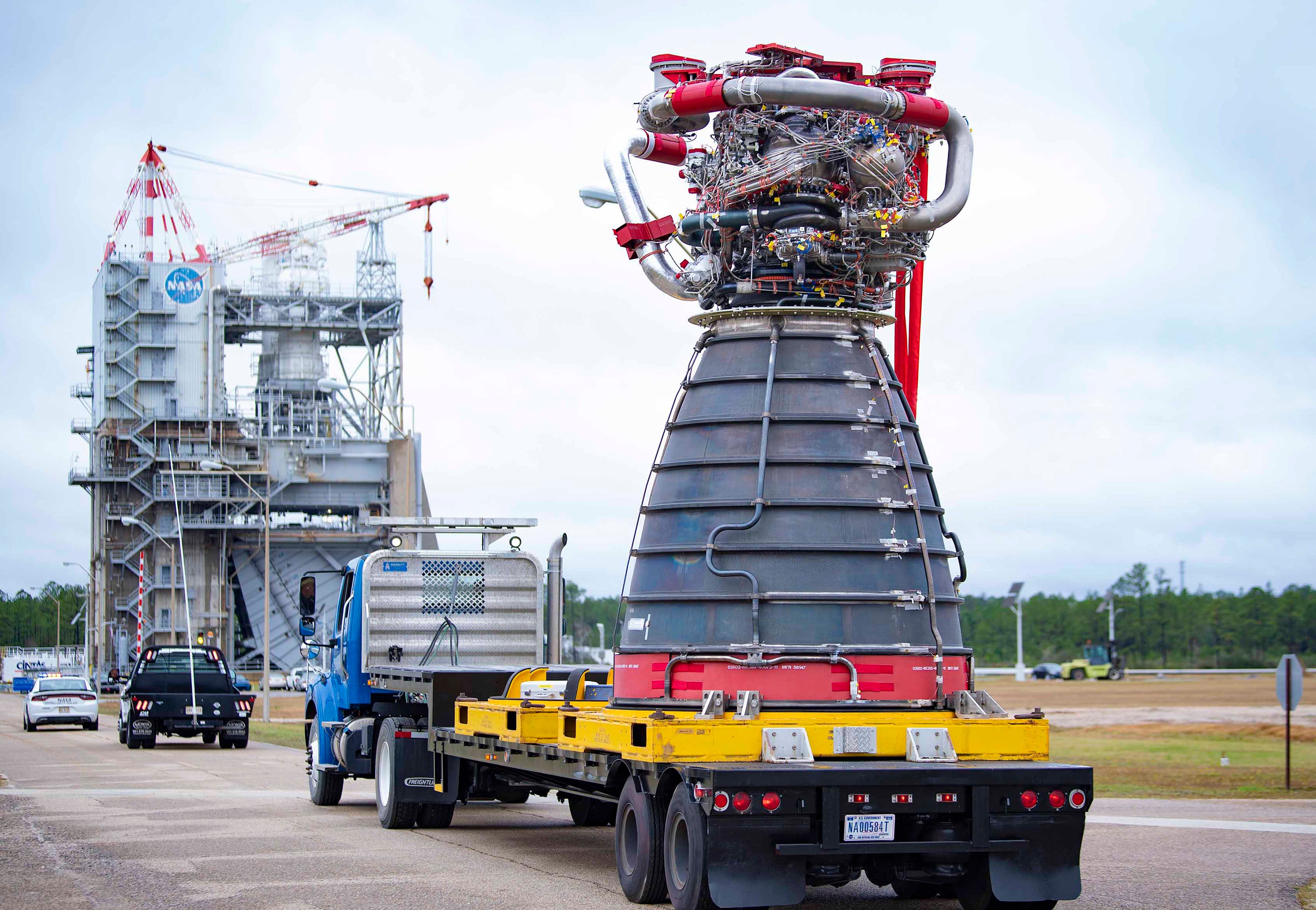 The engine, designated E10001, being delivered to the test stand at Stennis  (Photo: NASA/SSC)