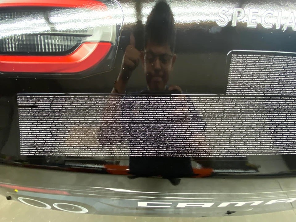 Folks over at r/nascar used their Community Funds money to print 1,400 of their members' names on driver Ryan Vargas' racecar.  (Photo: Courtesy of Reddit)