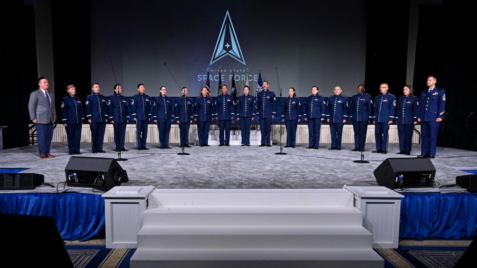 Air Force Band members singing the new U.S. Space Force theme song during the 2022 Air, Space and Cyber Conference in National Harbour. (Photo: U.S. Space Force)