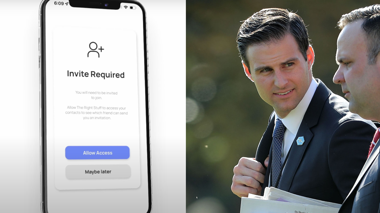 Former aide to President Donald Trump John McEntee has been promoting his so-called conservative dating app The Right Stuff since its release in September, but two analytics firms have reported few people have actually downloaded it. (Photo: Screenshot/Gizmodo - Chip Somodevilla/Getty Images)