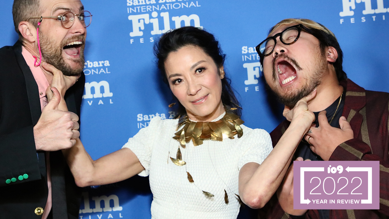 Michelle Yeoh with the Daniels (Daniel Scheinert and Daniel Kwan), directors of Everything Everywhere All at Once. (Image: Robin L Marshall / Stringer, Getty Images)