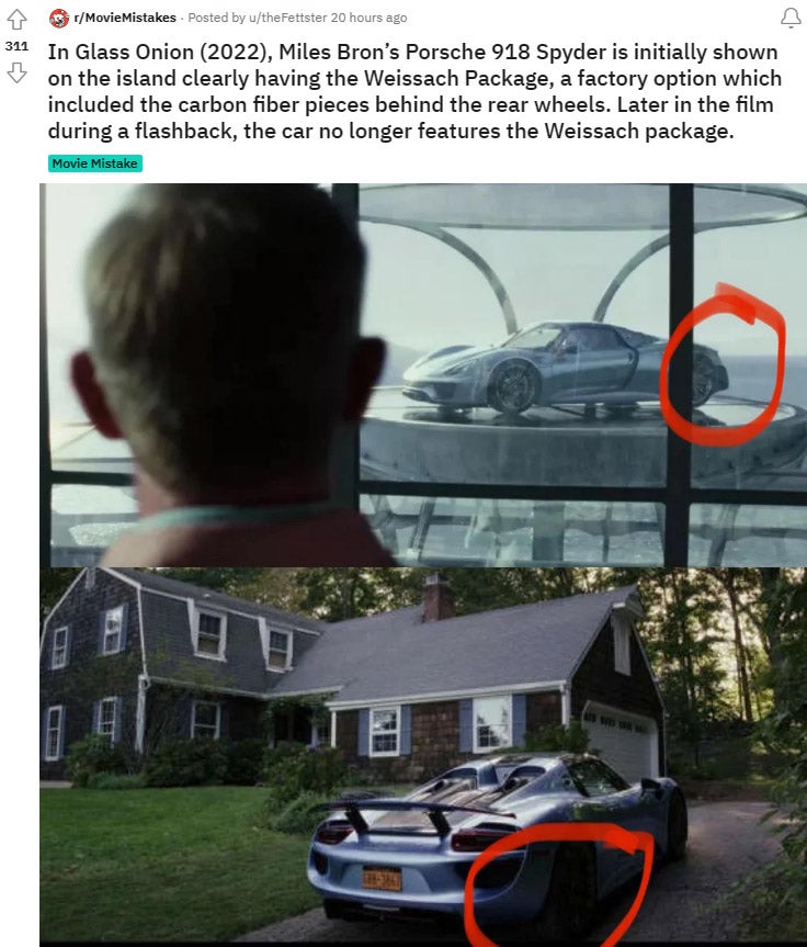 Glass Onion Has a Meaningless Porsche 918 Continuity Error That’s Nipping at My Brain