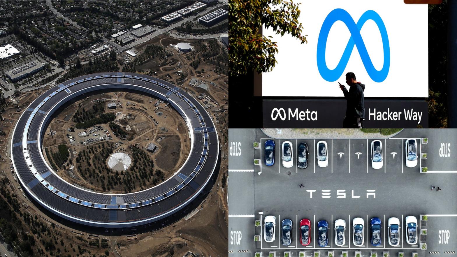 Gizmodo took a look at the salaries of some open positions at Apple, Meta, and Tesla in California. (Image: Apple Campus in Cupertino, Justin Sullivan, Getty Images,Image: Facebook HQ in Menlo Park, Justin Sullivan, Getty Images,Image: Tesla Factory in Fremont, Justin Sullivan, Getty Images)