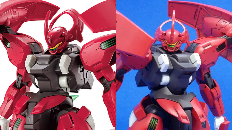 Left: the HG Darilbalde without panel lined details. Right: the same kit, panel lined with black and grey Gundam Markers. (Image: Bandai, James Whitbrook/Gizmodo)