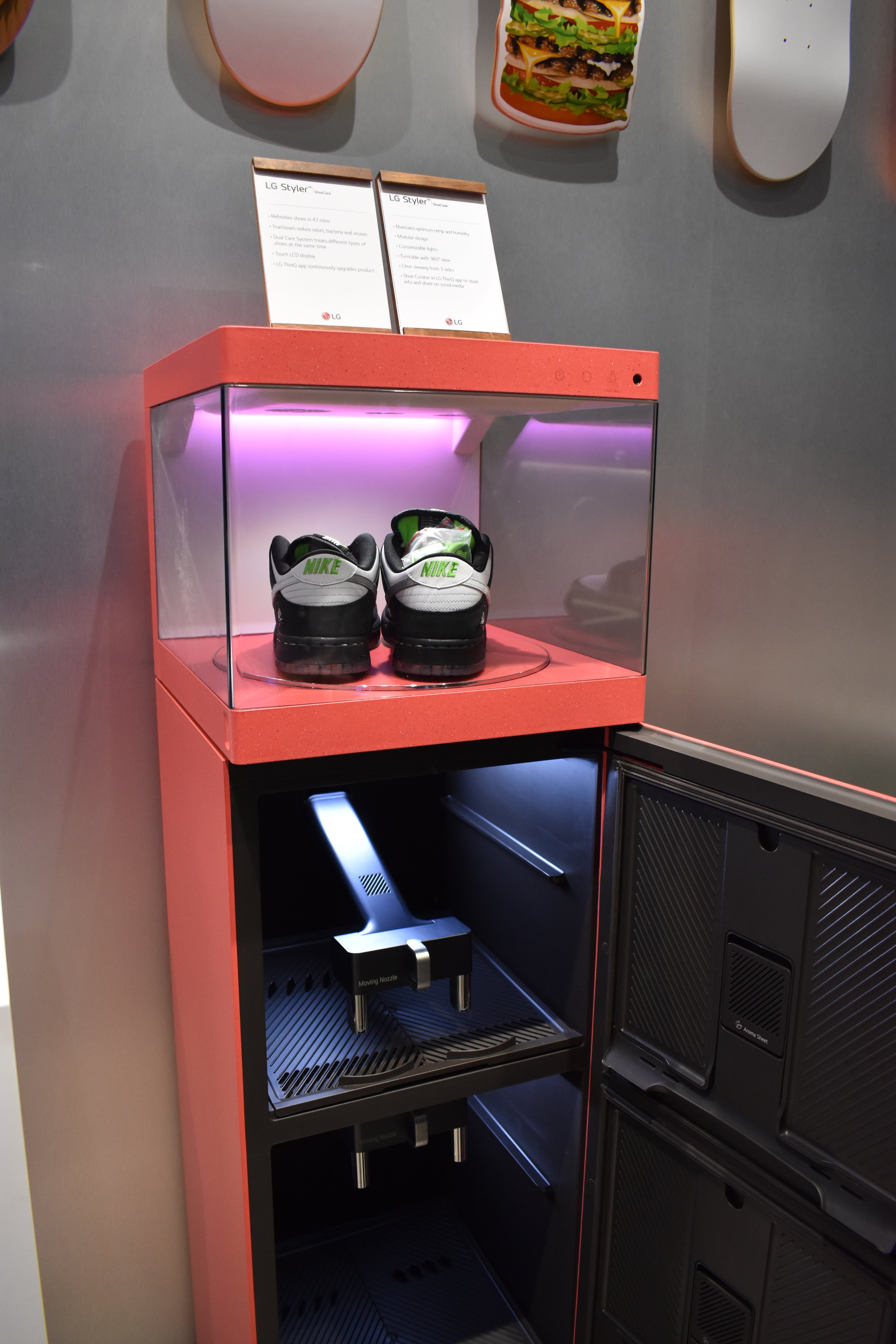 Inside the LG Styler Shoecare. Unfortunately they wouldn't let me clean my own sneakers after I walked 16 km through the Las Vegas Convention Centre just that day. (Photo: Kyle Barr/Gizmodo)