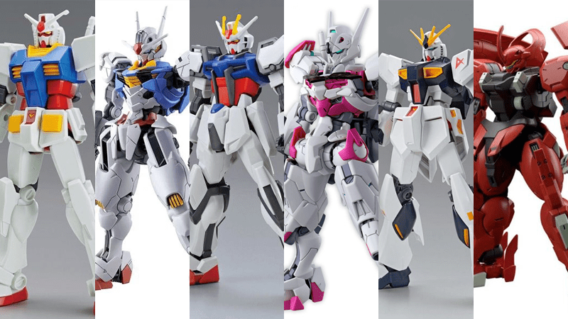 Left to Right: The EG Gundam RX-78-2, HG Gundam Aerial, EG Strike Gundam, HG Gundam Lfrith, EG Nu Gundam, and the HG Darilbalde. (Image: Bandai)