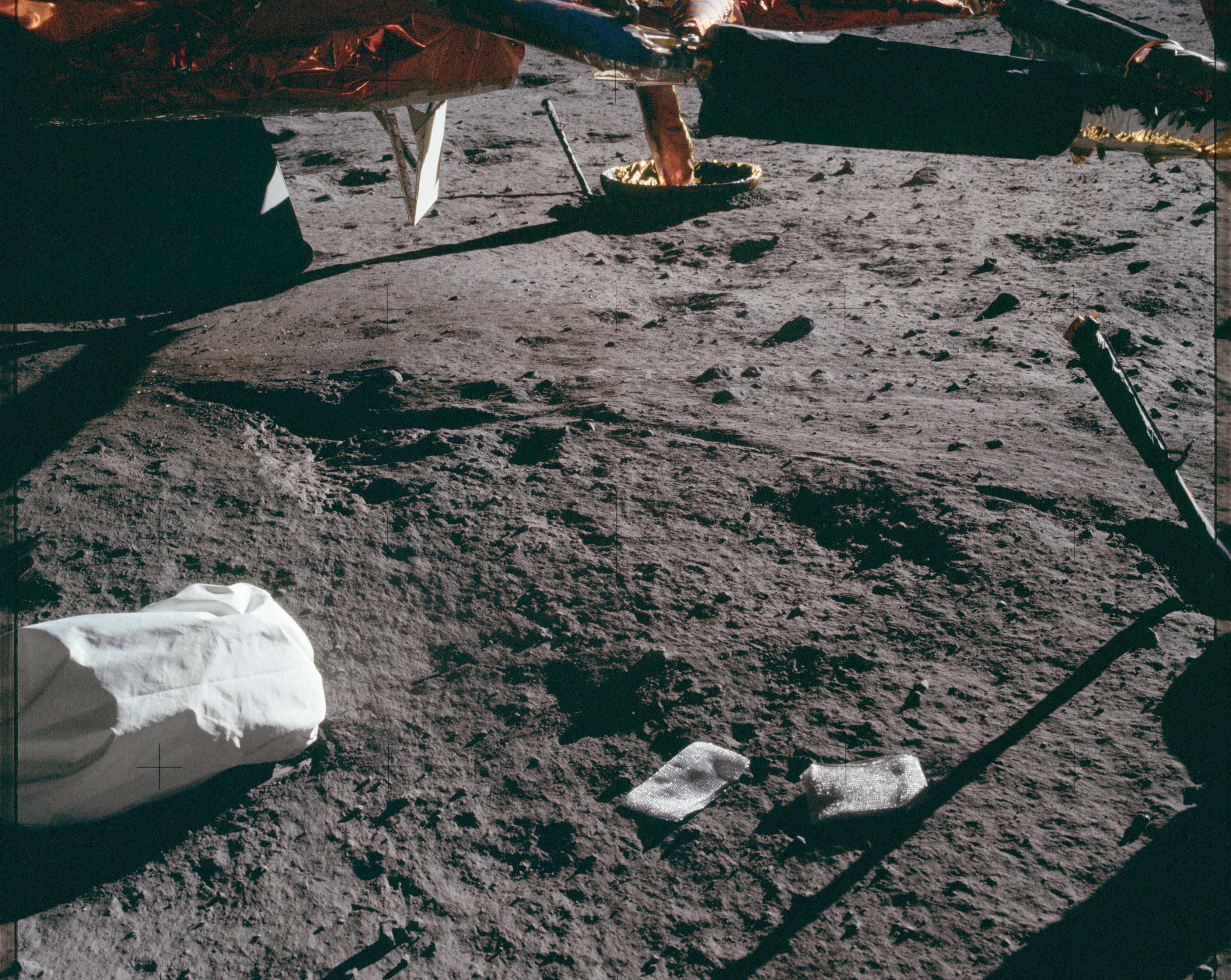 A waste bag and packaging materials left behind from the Apollo 11 mission.  (Photo: NASA)