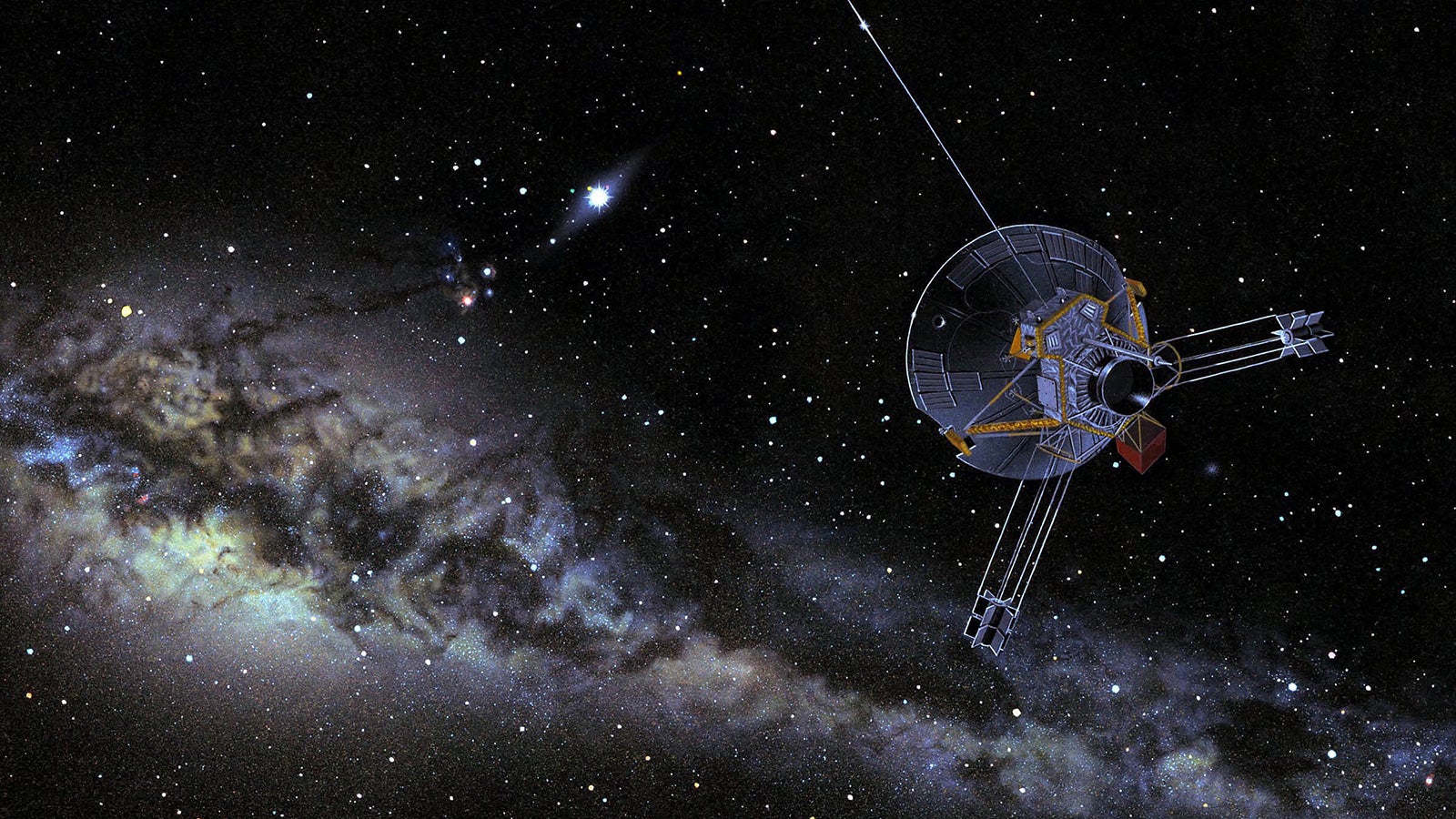 Artist's conception of Pioneer 10 heading into interstellar space.  (Illustration: NASA/Ames)