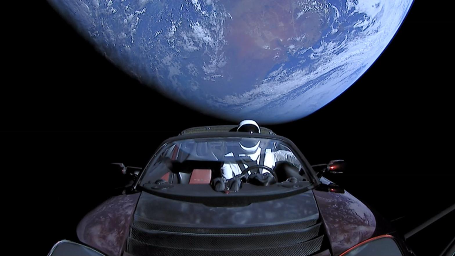 Elon Musk's Tesla Roadster and Starman manikin shortly after launch on February 6, 2018.  (Photo: SpaceX)