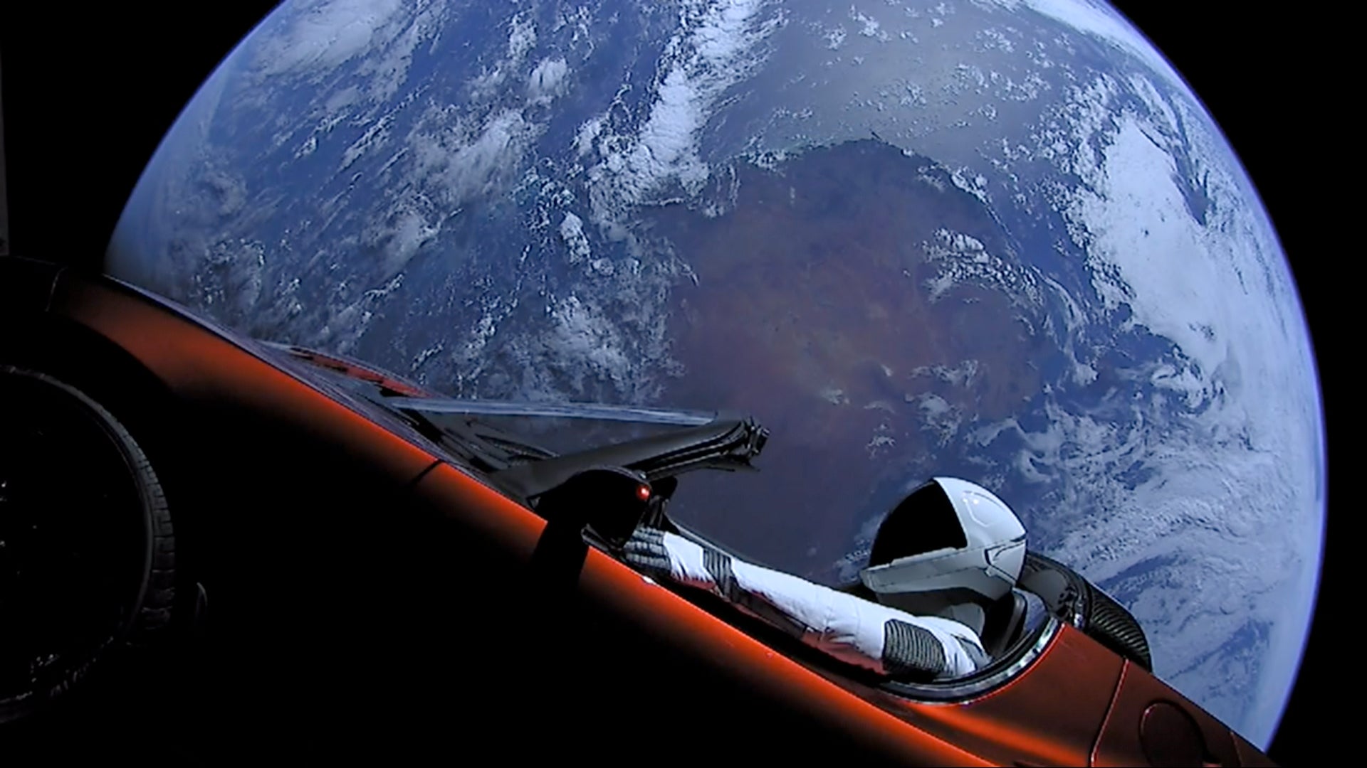The red Tesla Roadster and Starman manikin shortly after launch.  (Photo: SpaceX)