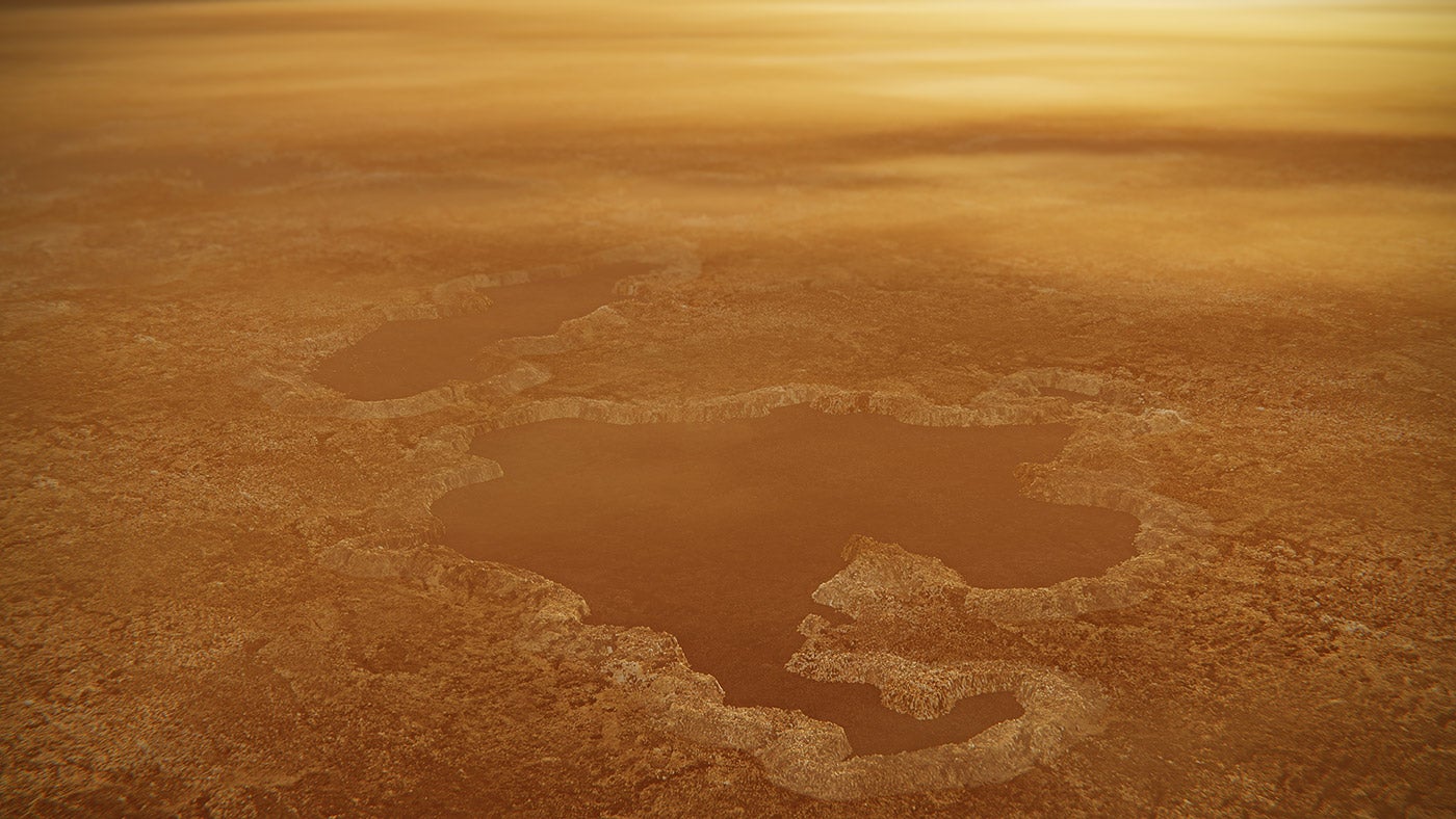  Artist's concept of a lake at the north pole of Saturn's moon Titan. (Image: NASA/JPL-Caltech)