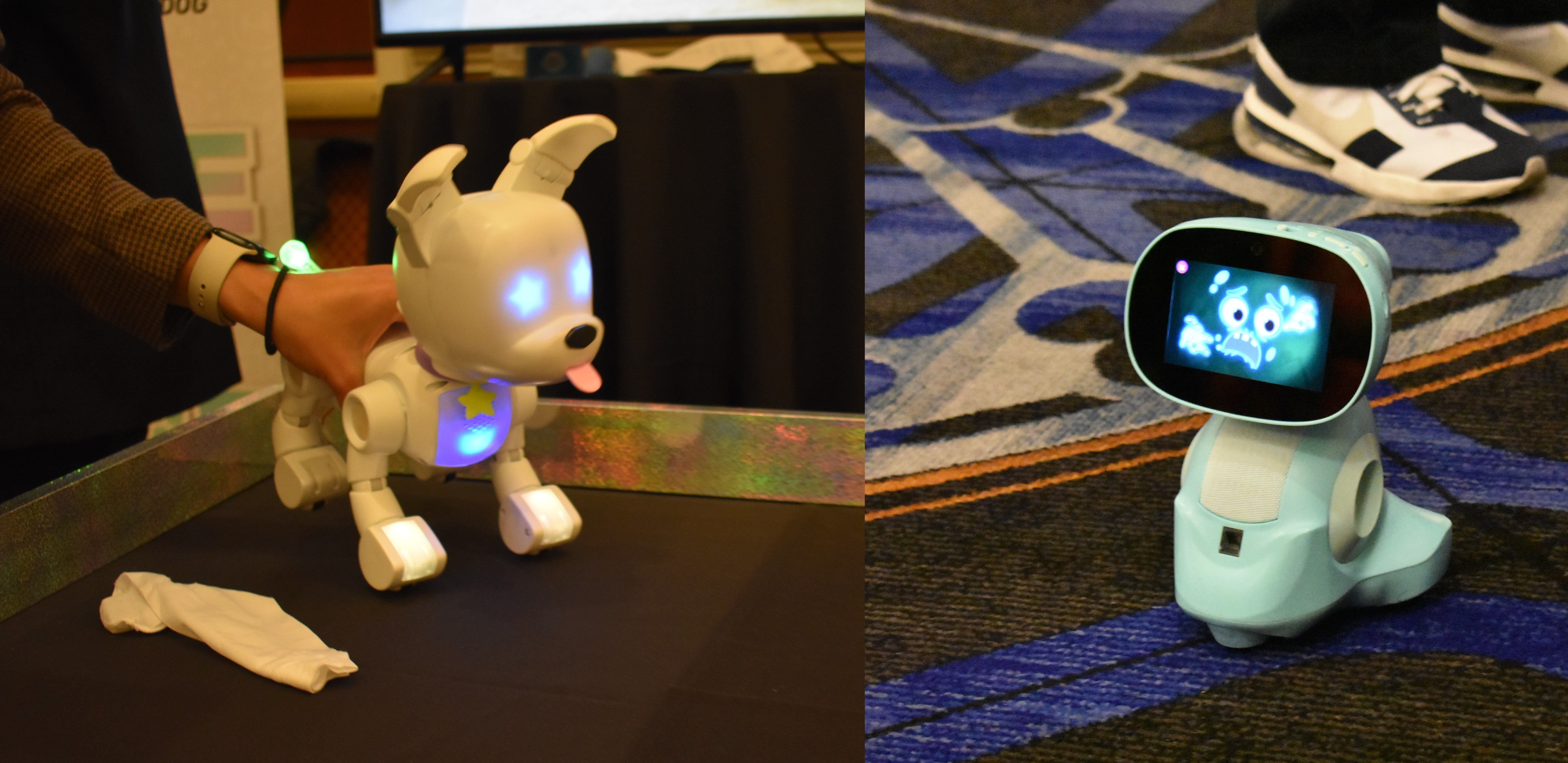 The Dog-E bot on the left and the Miko bot on the right are both competing for the family floor space to zip around on.  (Photo: Kyle Barr/Gizmodo)