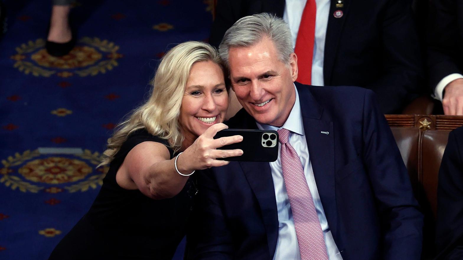 Rep.-elect Marjorie Taylor Greene (R-GA) takes a photo with U.S. House Republican Leader Kevin McCarthy (R-CA) at the U.S. Capitol Building on January 07, 2023 in Washington, DC.  (Photo: Anna Moneymaker, Getty Images)