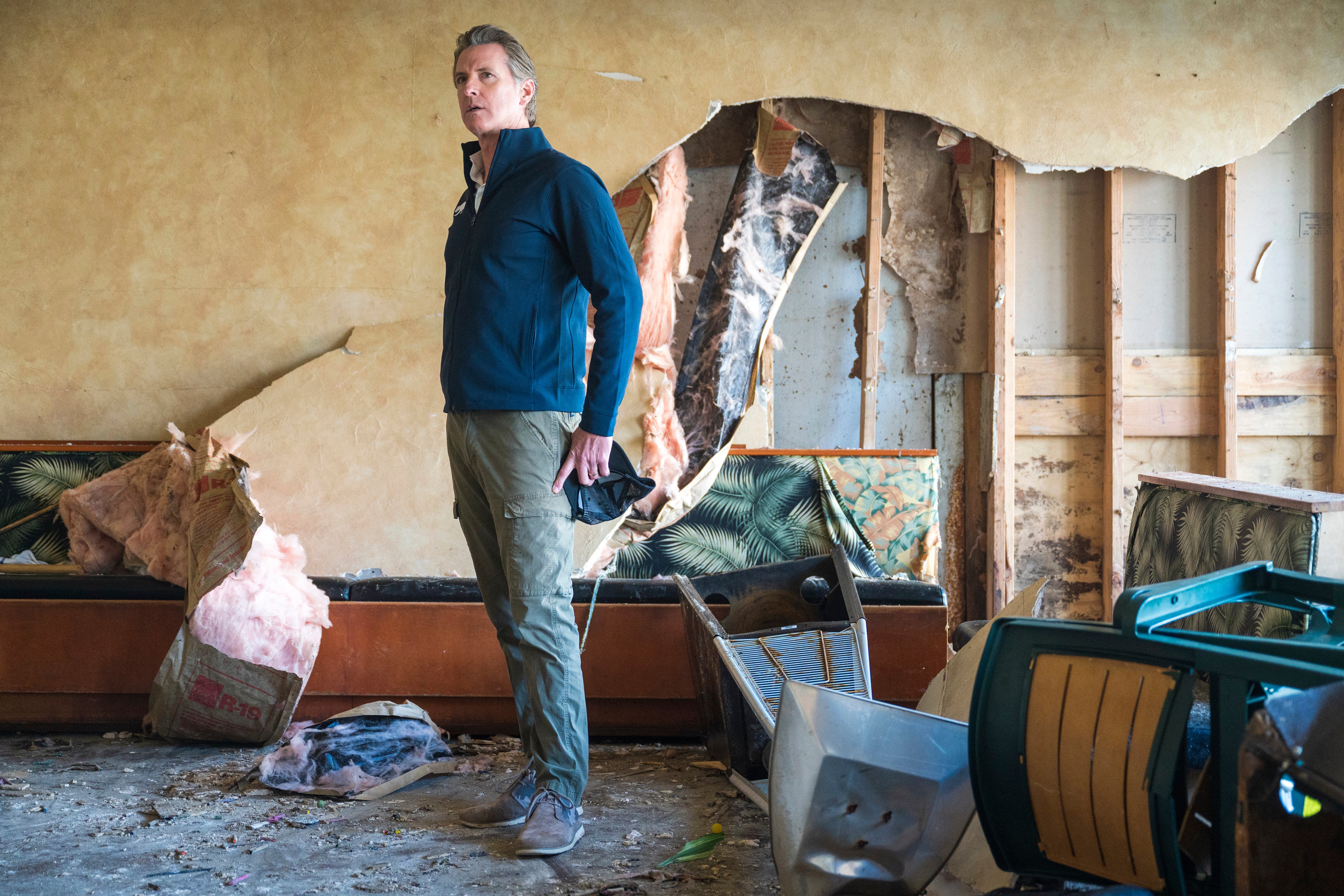 Gov. Gavin Newsom inside a damaged restaurant in Capitola in Santa Cruz County on Tuesday, January 10. (Photo: Nic Coury, AP)