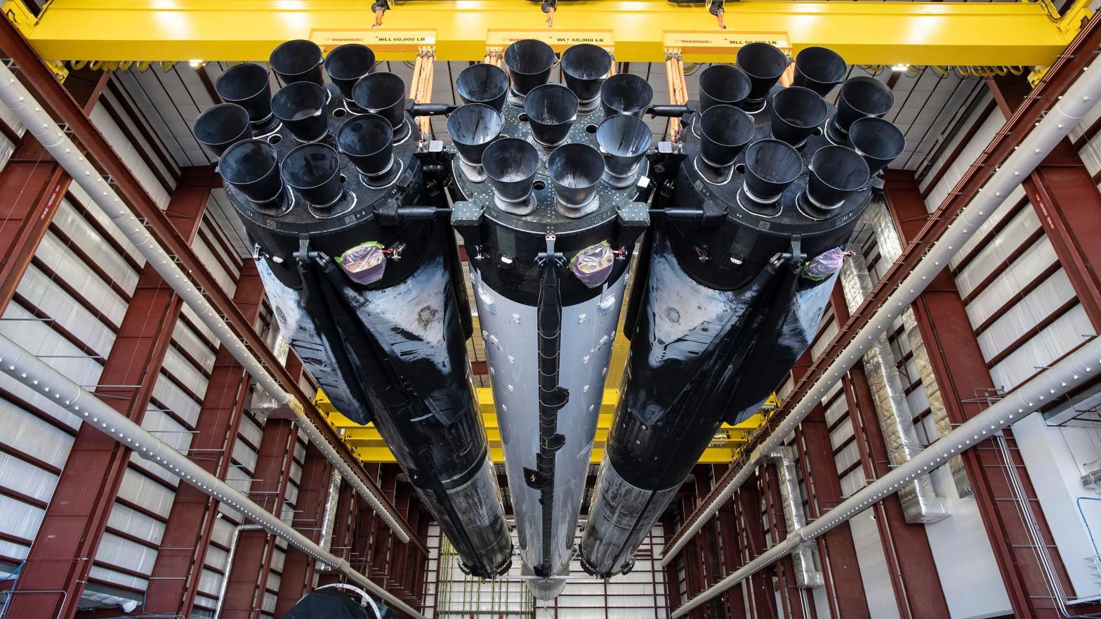 SpaceX's Falcon Heavy inside the company's Kennedy Space Centre facility.  (Photo: SpaceX)