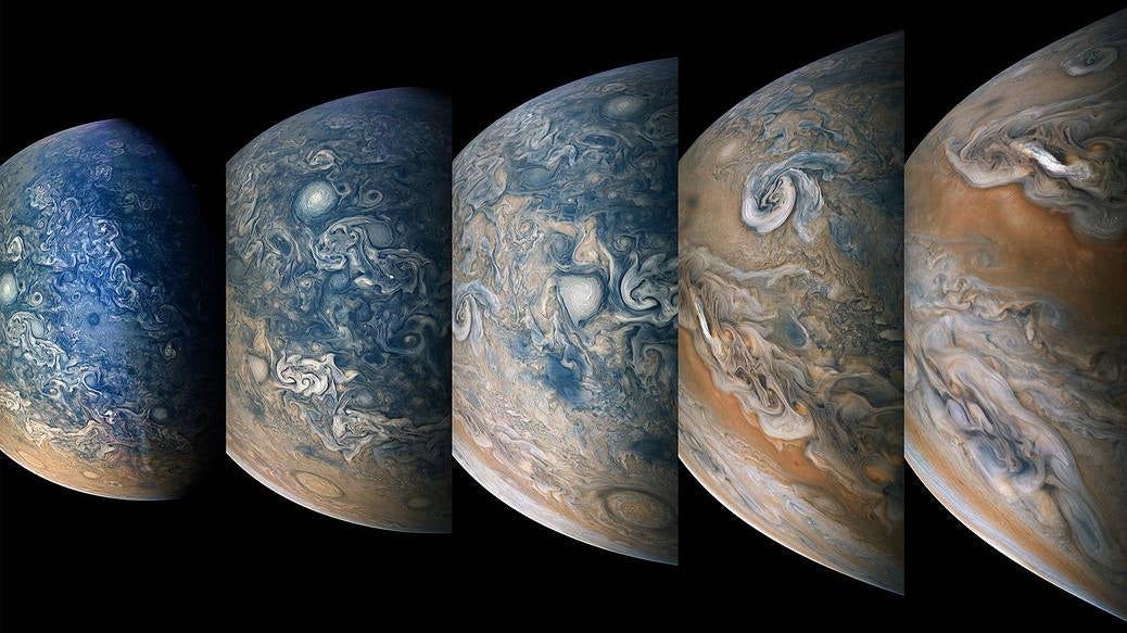 A time lapse sequence of colour-enhanced images of Jupiter from NASA's Juno spacecraft. (Image: NASA)