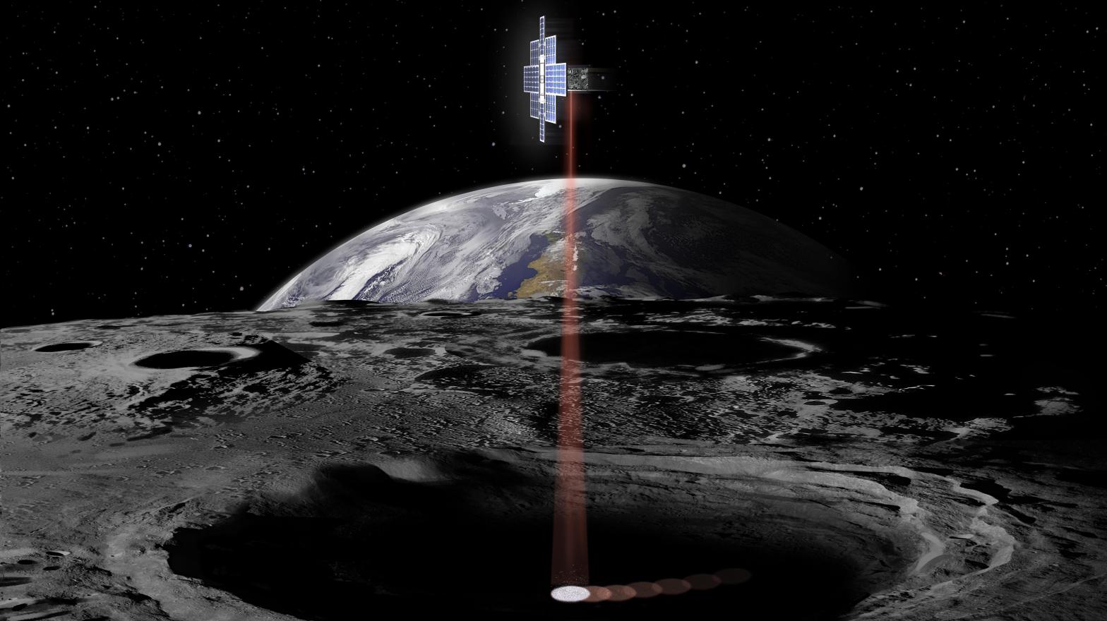 An artist's impression of Lunar Flashlight scanning a permanently shadowed region on the Moon.  (Illustration: NASA/JPL-Caltech)