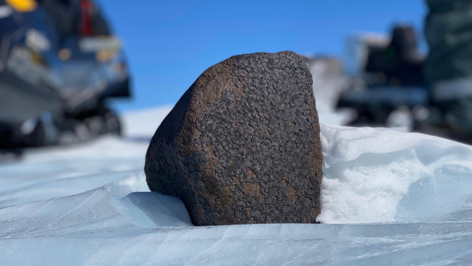 The 8 kg (7.6 kilogram) meteorite was found sitting on the surface of the Antarctic desert, where its black composition contrasted against the snow.  (Image: Maria Valdes)
