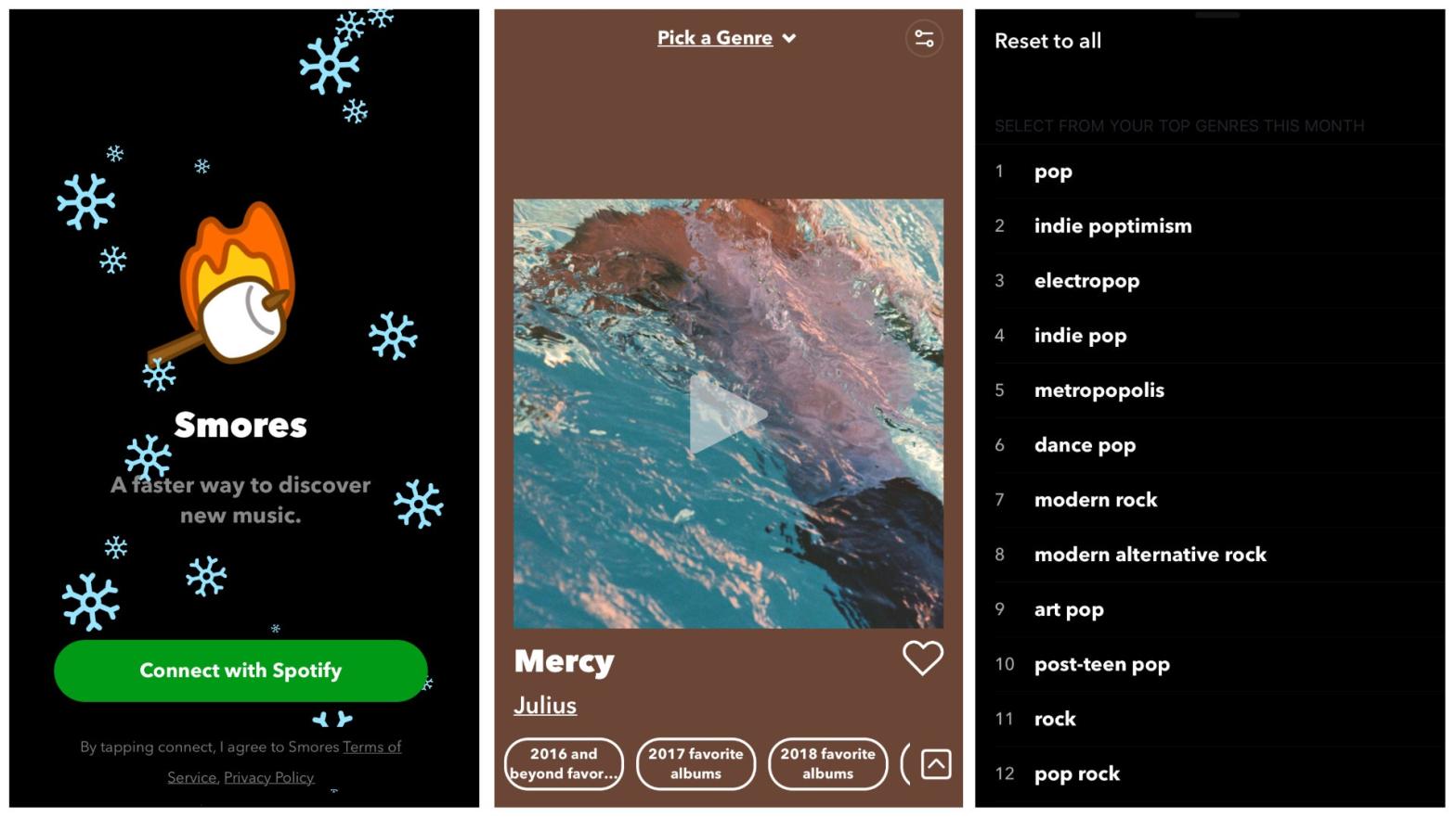 The Smores app presents you with 30-second clips of songs to gauge your music tastes and present you with tracks you might like.  (Screenshot: Gizmodo/Smores)
