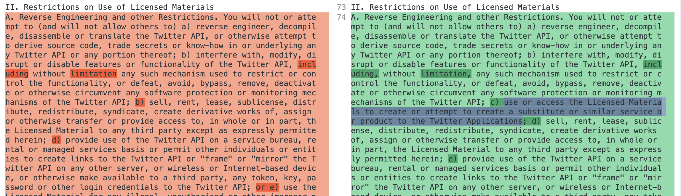 A previous version of Twitter's developer agreement dated October 10, 2022 (right) and an updated version, including the new line about creating Twitter clones, dated January 19, 2023 (left). Blue highlight is Gizmodo's. (Screenshot: Gizmodo)