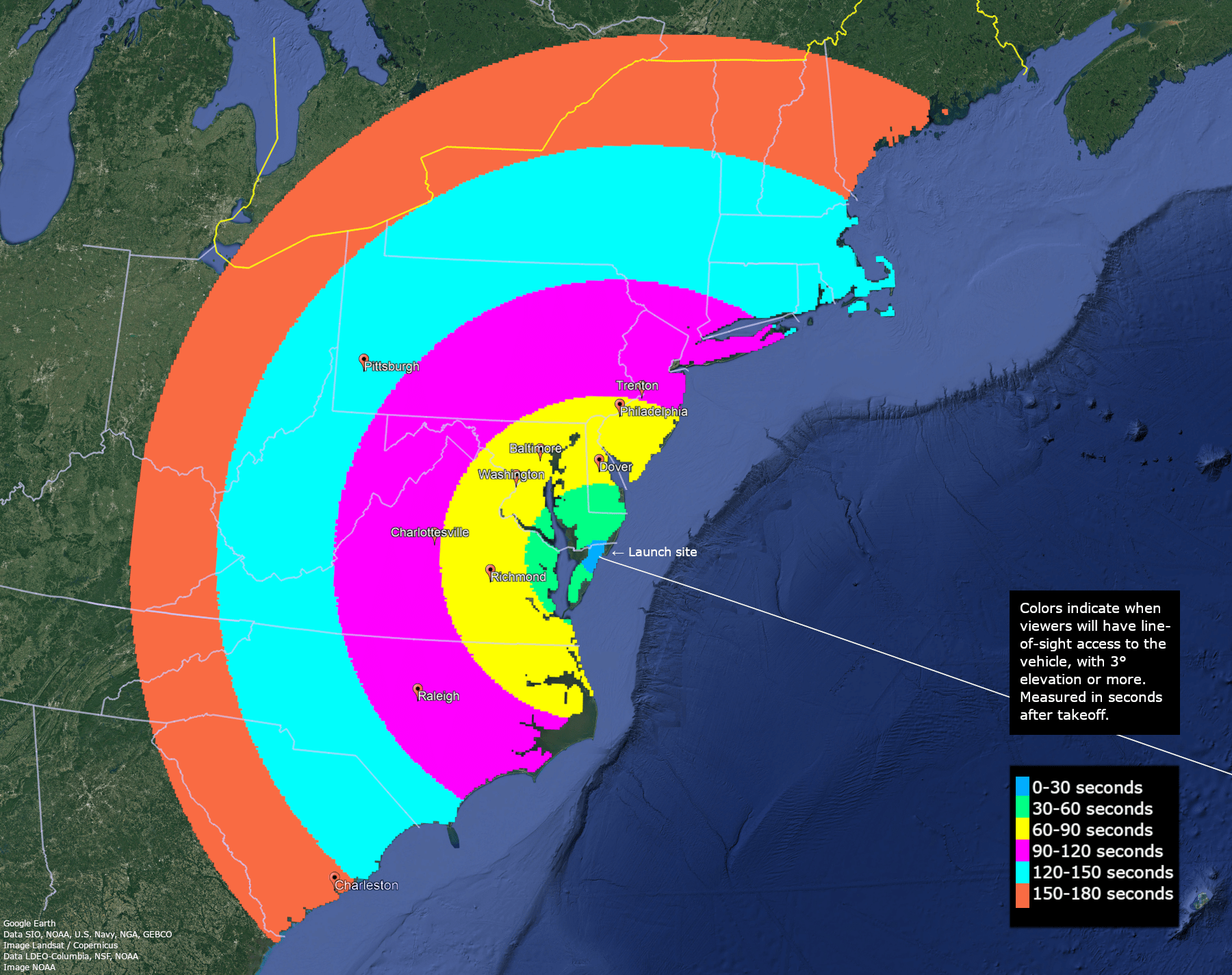 The expected viewing area for tonight's anticipated launch.  (Graphic: NASA)