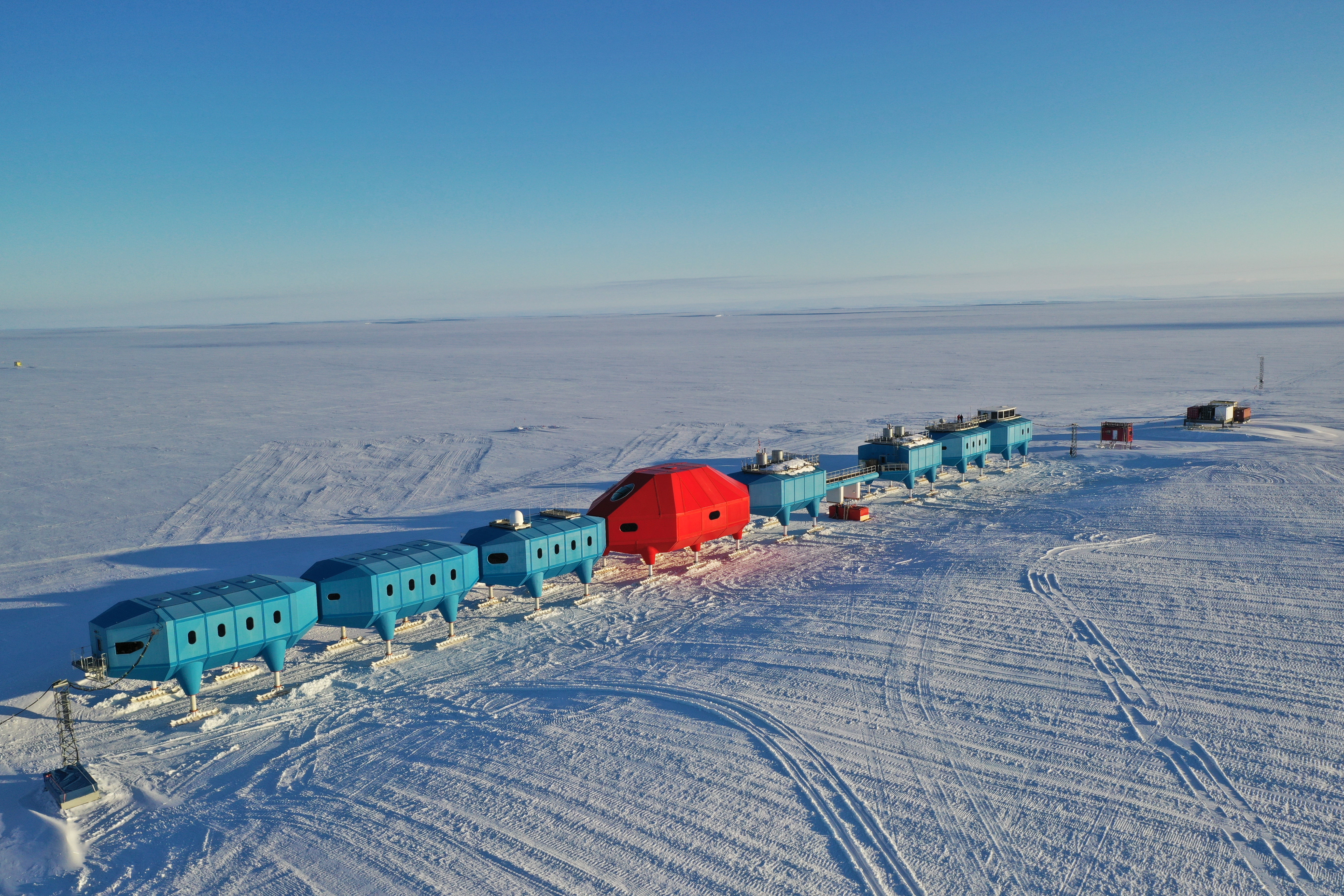 Halley VI Research Station is modular and built on skis, so the base can be easily separated into parts and moved as needed. If further calving occurs on the Brunt Ice Shelf, the station may well be relocated again.  (Photo: British Antarctic Survey)