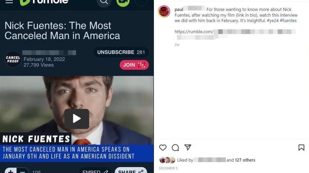 Media Matters for America noted the account for Paul Escandon, an associate of far-right personality Nick Fuentes, was promoting his movie about Fuentes and other hate content on his Instagram page. Escandon and other pages linked to Fuentes used sanitised language to avoid Instagram moderation filters. (Screenshot: MMFA)