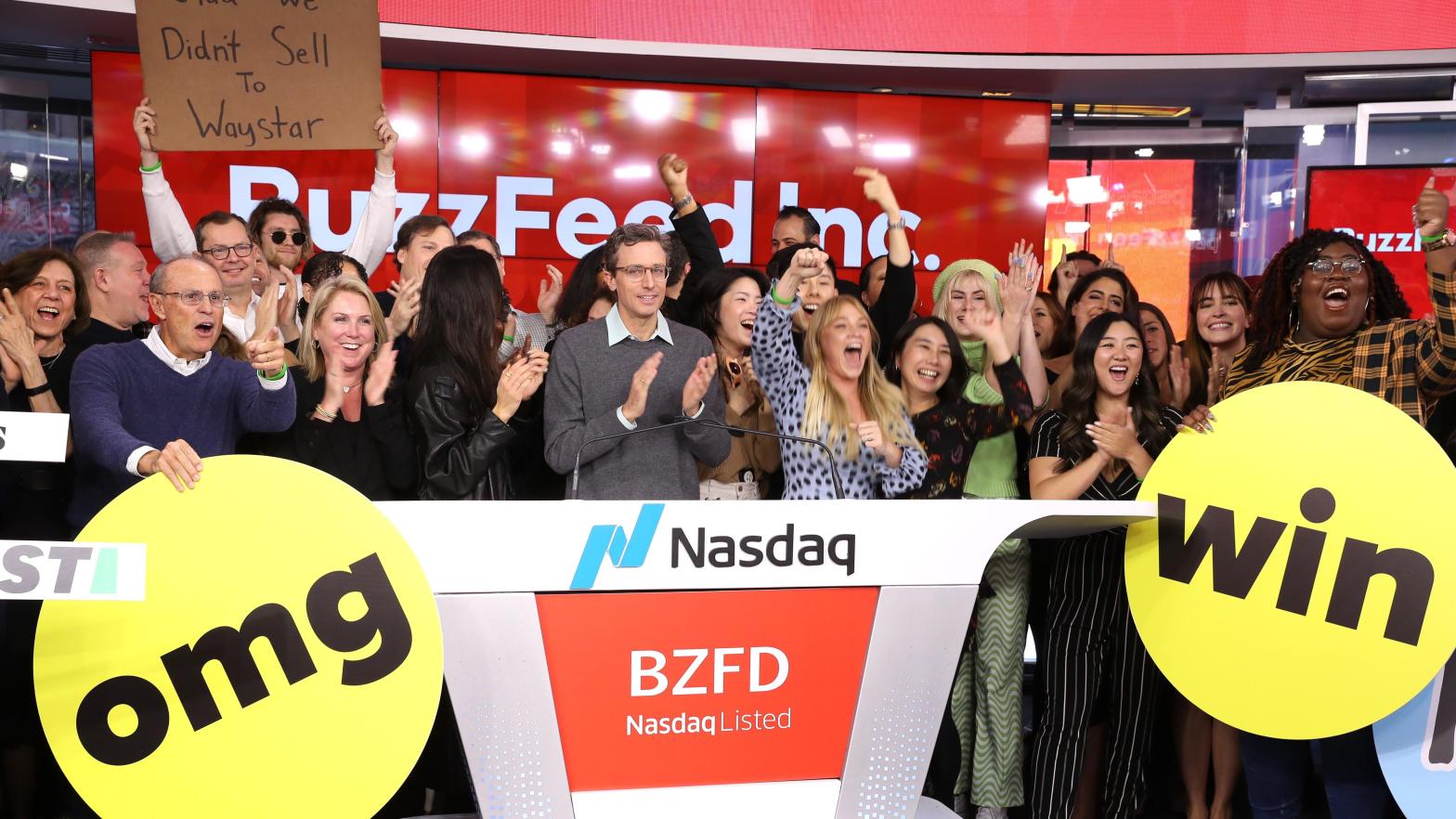 BuzzFeed went public in December 2021, though like many tech and media companies it conducted layoffs just a year later. CEO Jonah Peretti, centre, has talked about the need to cut costs and shift toward 'longer term trends' like AI. (Photo: Bennett Raglin, Getty Images)