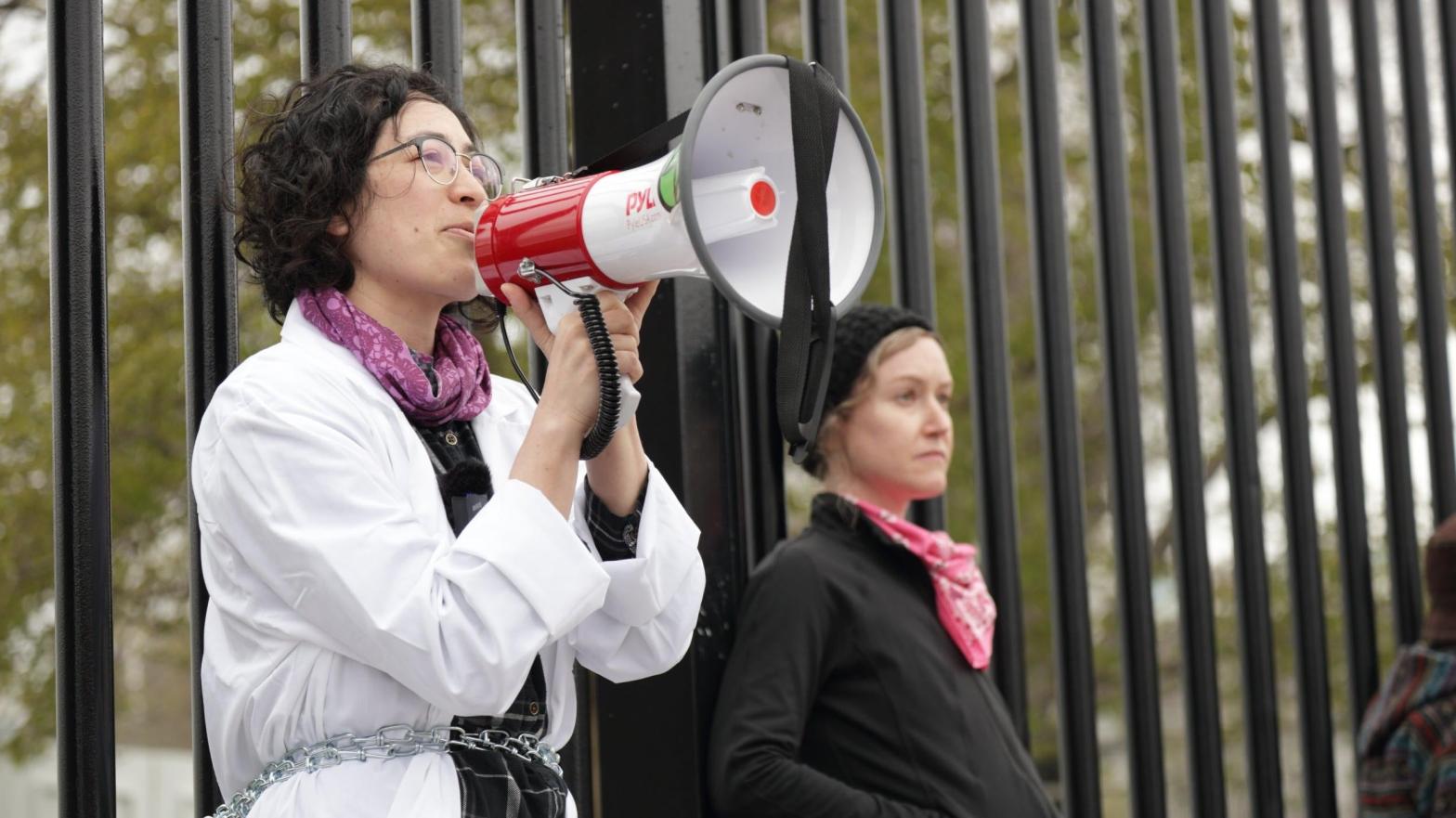 Scientist Rose Abramoff (left) chained to a White House fence in April 2022.  (Photo: Will Dickson)