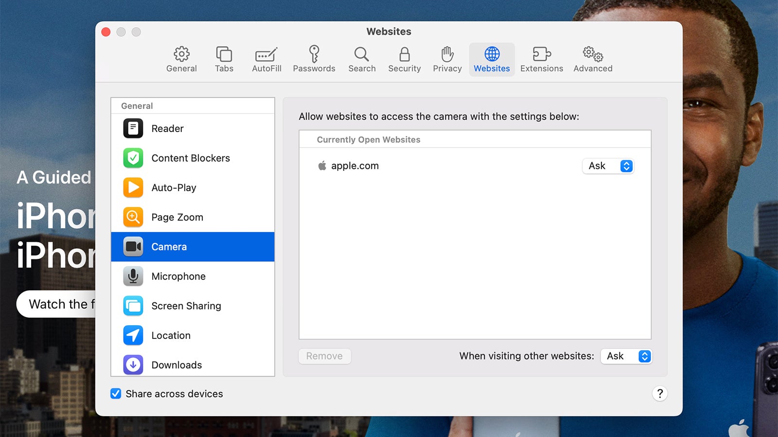 Permission settings in Apple Safari. (Screenshot: Apple Safari)