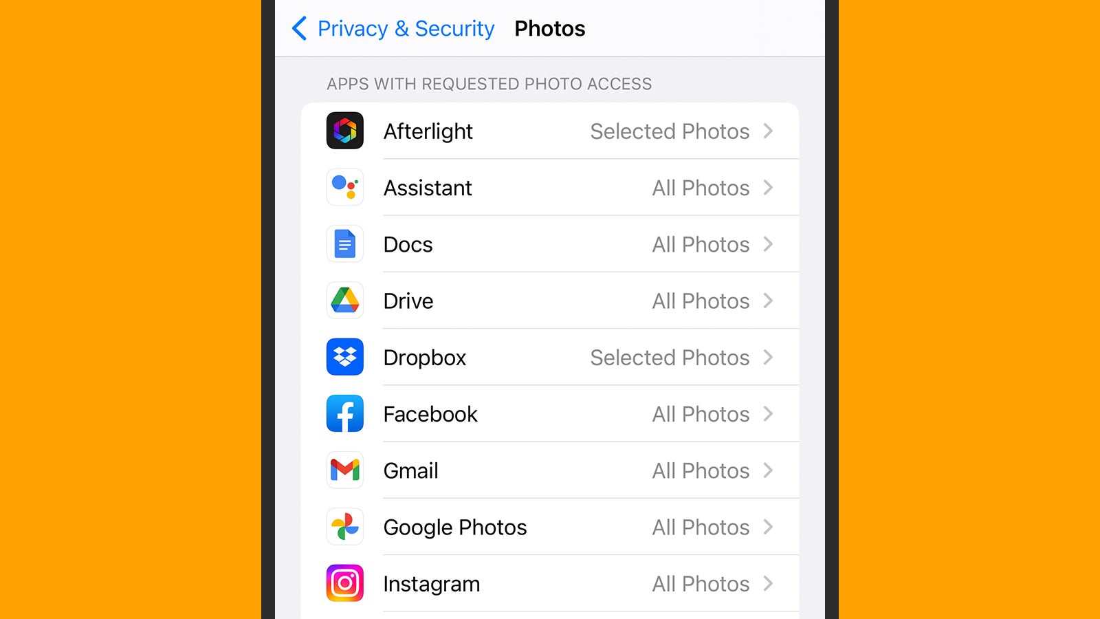 Photos permission settings on iOS. (Screenshot: iOS)