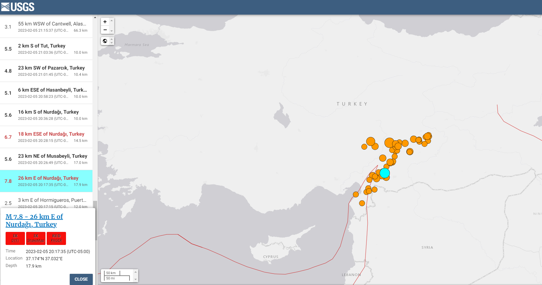 The USGS's live earthquake map shows the first 7.8 quake in Turkey, along with the multiple aftershocks and additional tremors. (Screenshot: USGS)