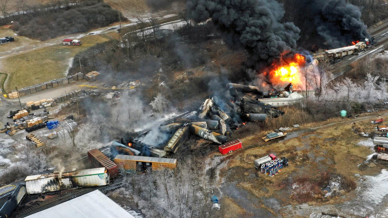 This photo taken with a drone shows portions of a Norfolk and Southern freight train that derailed Friday night in East Palestine, Ohio are still on fire at mid-day Saturday, Feb. 4, 2023. (Photo: Gene J. Puskar, AP)