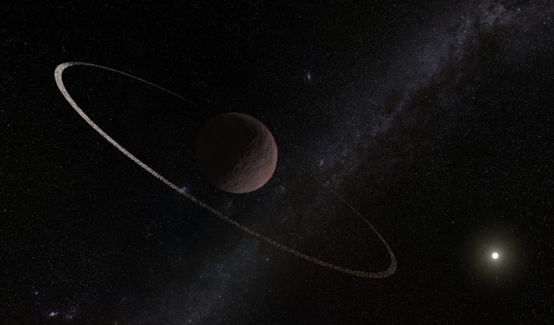 An artist's depiction of Quaoar and its distant ring system. (Illustration: Instituto de Astrofïsica de Andalucia)