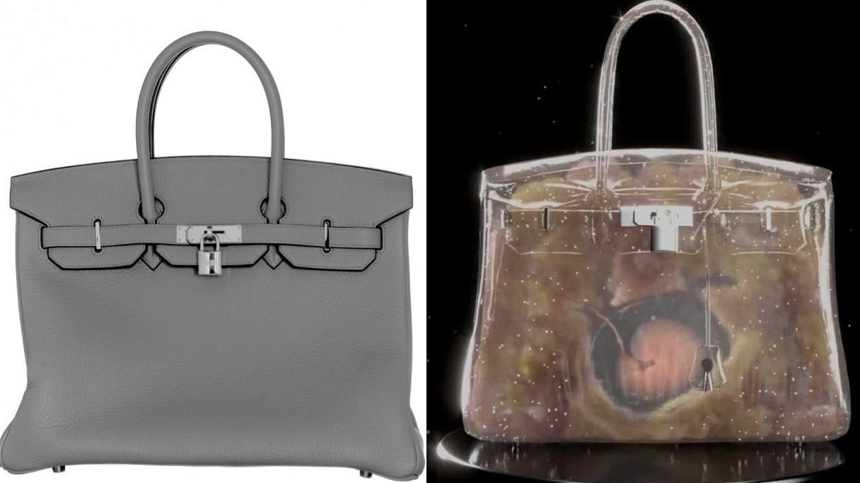 The left image is a picture of a Birkin bag made by luxury brand Hermès. The right image is an NFT of the same bag but with an animal embryo growing inside created by MetaBirkin as part of an NFT collection. (Image: Hermès Paris/MetaBirkin)