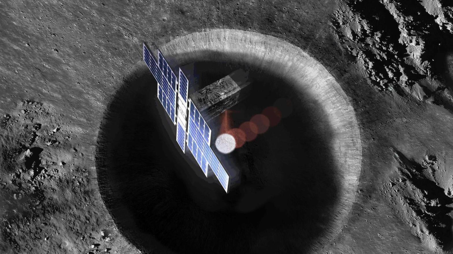 Lunar Flashlight will scan the permanently shadowed regions on the Moon's south pole to find reservoirs of water ice.  (Illustration: NASA/JPL-Caltech)