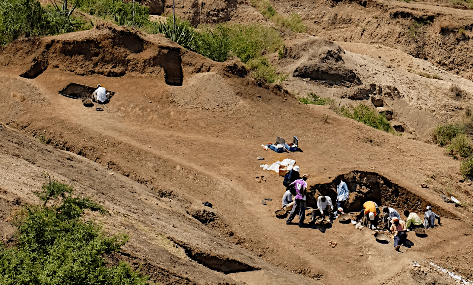 The excavation team working on a site in Nyayanga, Kenya. (Photo: J.S. Oliver, Homa Peninsula Paleoanthropology Project)