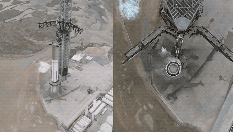 Drone camera footage of the Starship static fire test.  (Gif: SpaceX/Gizmodo)