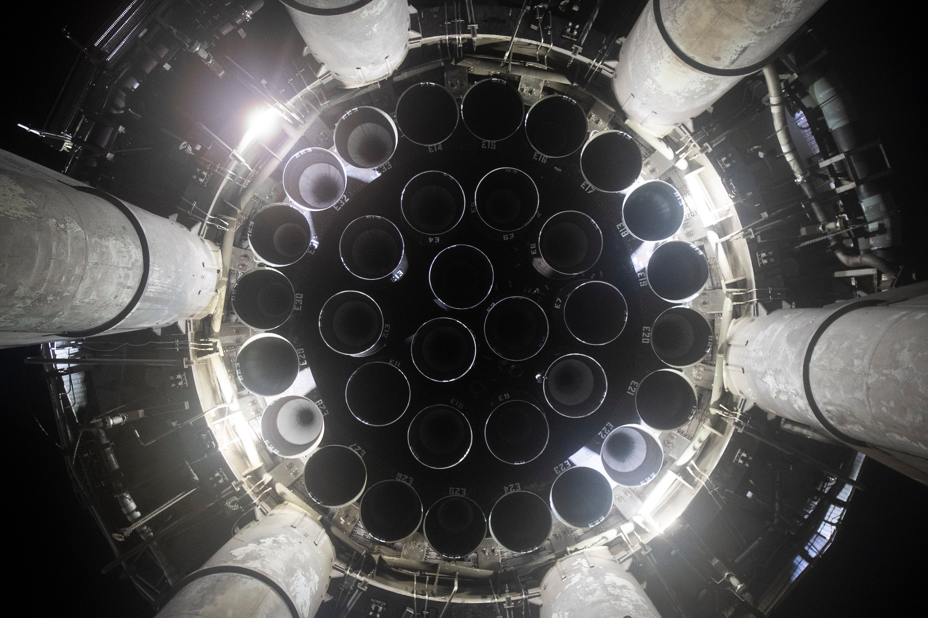 The view beneath Booster 7, showing all 33 Raptor engines.  (Photo: SpaceX)