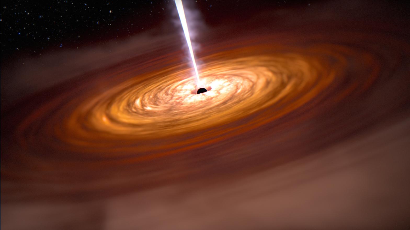 An artist's rendition of a quasar, with the supermassive black hole at centre and its jet of electromagnetic radiation. (Illustration: NASA, ESA, CSA, Joseph Olmsted (STScI))