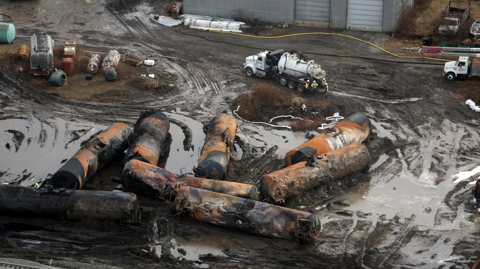 The aftermath of the derailment in East Palestine on February 8. (Photo: mpi34/MediaPunch /IPX, AP)